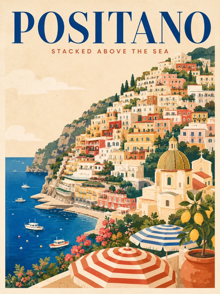 Positano Travel Poster – Vintage Italy Print - artwork on paper