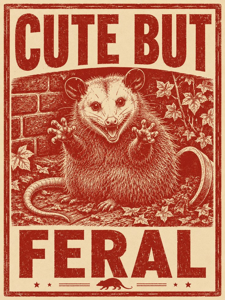 Cute But Feral Opossum Print: Vintage Red Propaganda Poster Art - artwork on paper
