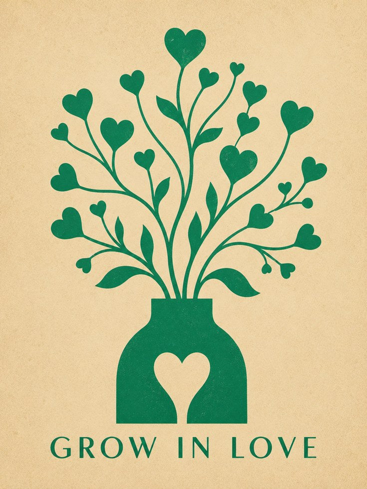 Grow in Love Heart Vase Print: Folk Art Green Botanical Poster - artwork on paper