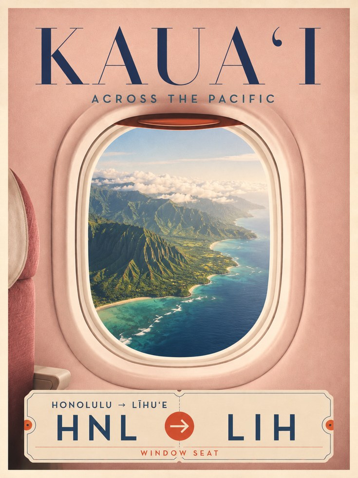 Hawaii Travel Poster – Kauai Airplane Window Art - artwork on paper