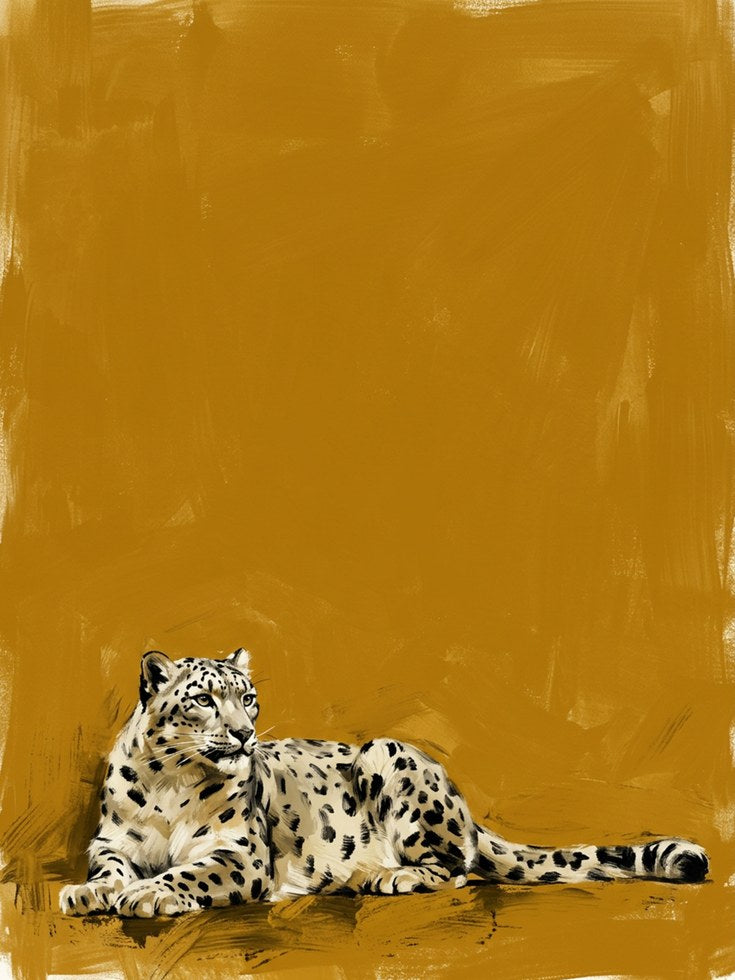 Snow Leopard Wall Art: Minimalist Wildlife on Golden Ochre - artwork on paper
