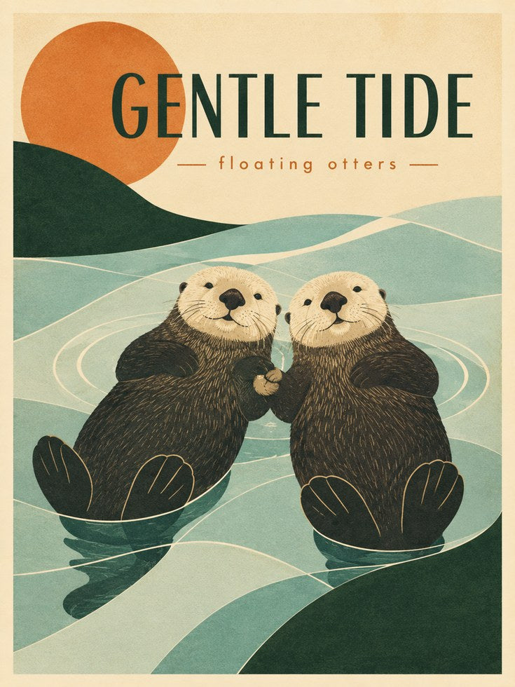 Gentle Tide Otters Art Print: Vintage Mid-Century Wildlife Poster - artwork on paper