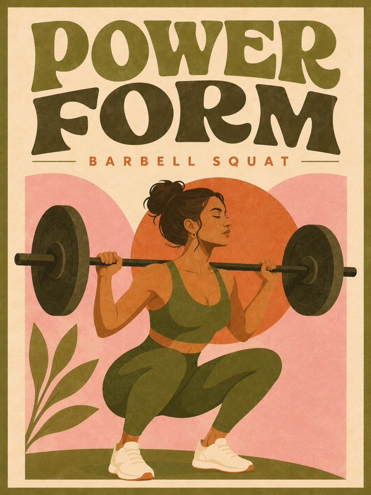Power Form Barbell Squat Poster: Retro Fitness Wall Art - artwork on paper