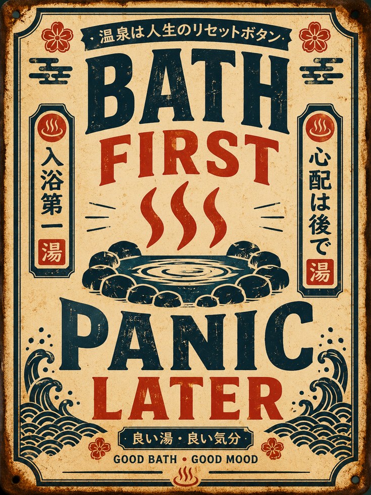Bath First Panic Later: Vintage Japanese Onsen Poster Art - artwork on paper
