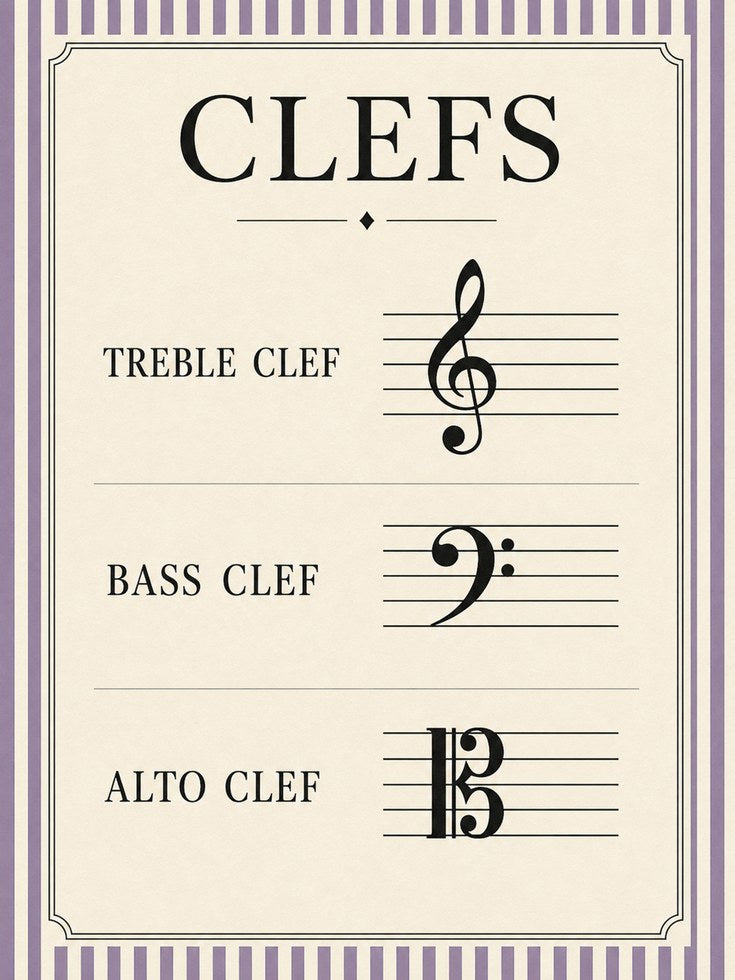 Music Theory Poster – Treble Bass Alto Clef Print - artwork on paper