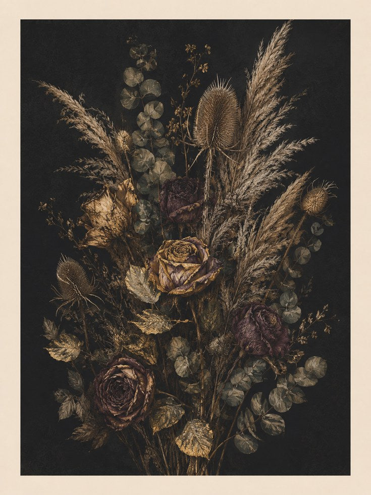 Dark Floral Wall Art – Moody Botanical Print - artwork on paper