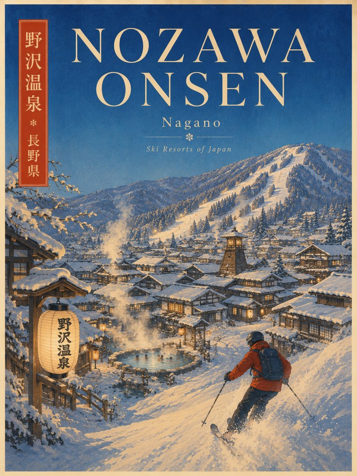 Nozawa Onsen Ski Resort Poster: Vintage Japanese Winter Travel Art - artwork on paper