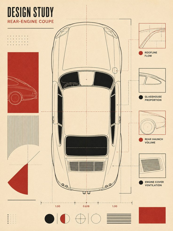 Rear-Engine Coupe Blueprint Print: Vintage Automotive Wall Art - artwork on paper