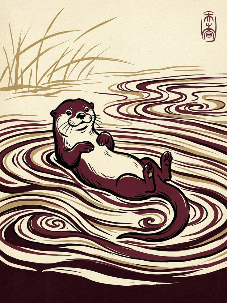 River Otter Art Print: Japanese Style Brown and Cream Waves - artwork on paper