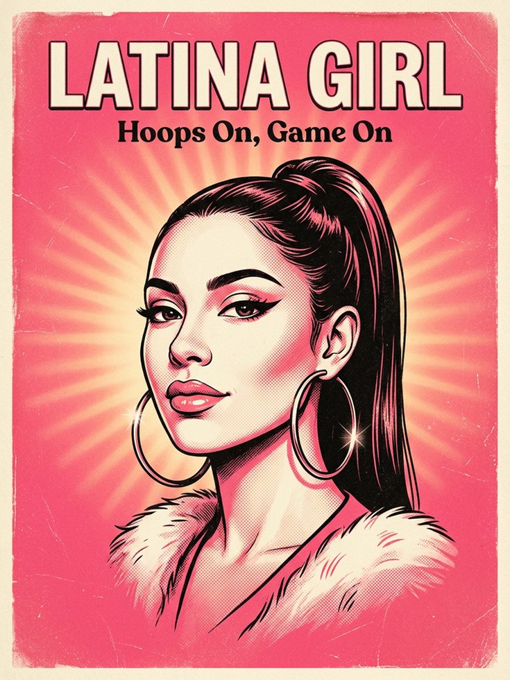 Latina Girl Retro Poster: Vintage Pink Pop Art Basketball Print - artwork on paper