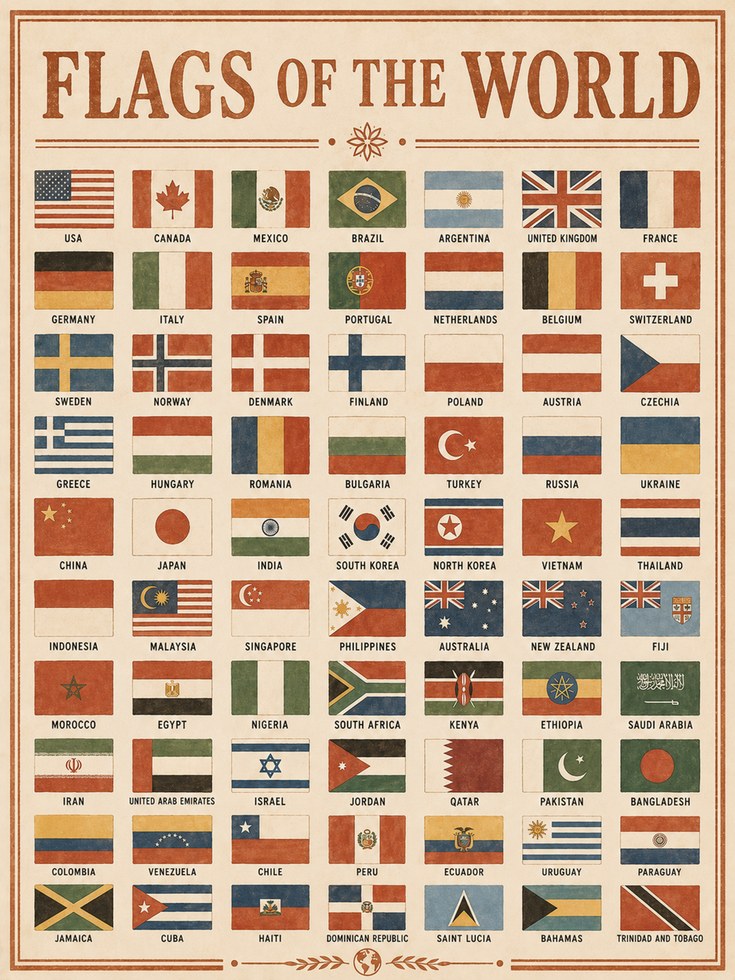 Vintage Flags of the World Print - artwork on paper