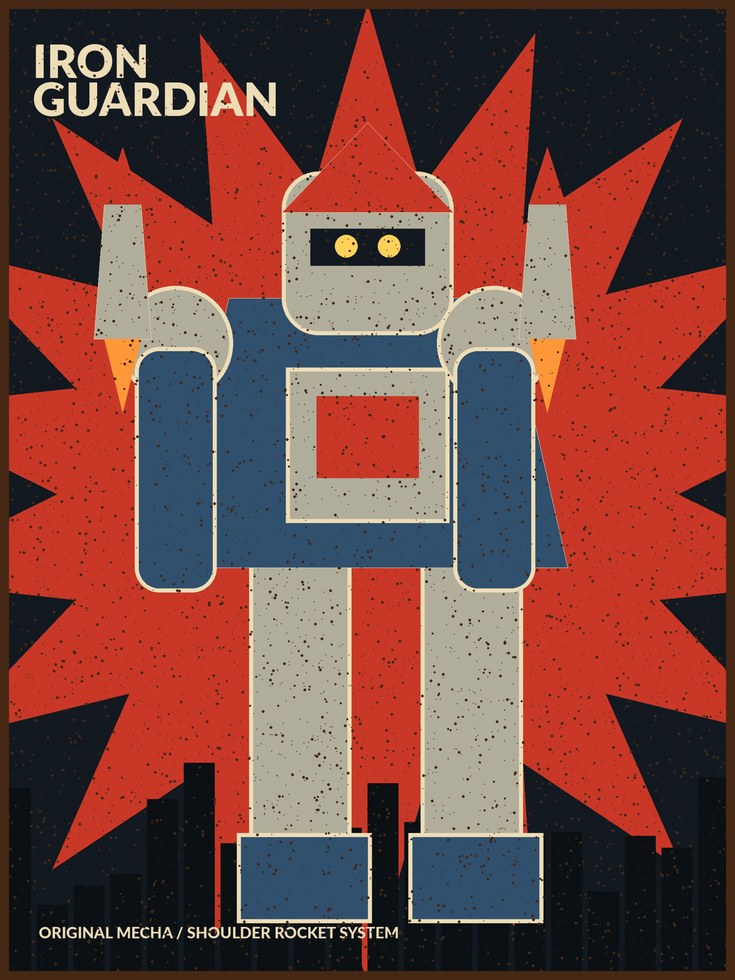 Iron Guardian Robot Poster: Retro Mecha Art Print - artwork on paper