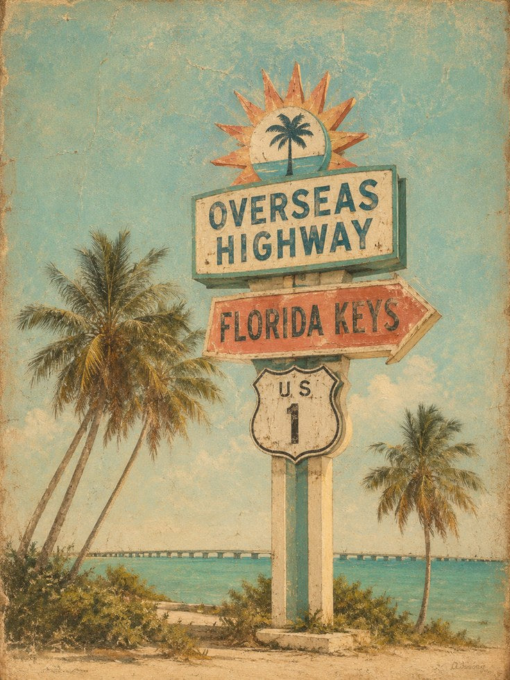 Overseas Highway Florida Keys Sign: Vintage Tropical Poster - artwork on paper