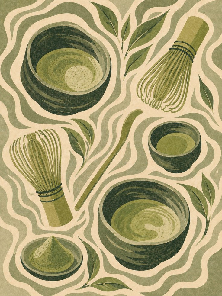 Matcha Tea Ceremony Art Print: Art Nouveau Green Kitchen Decor - artwork on paper