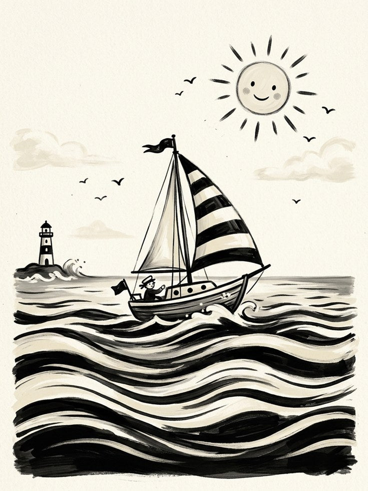 Sailboat and Lighthouse Art Print: Whimsical Nautical Ink Design - artwork on paper
