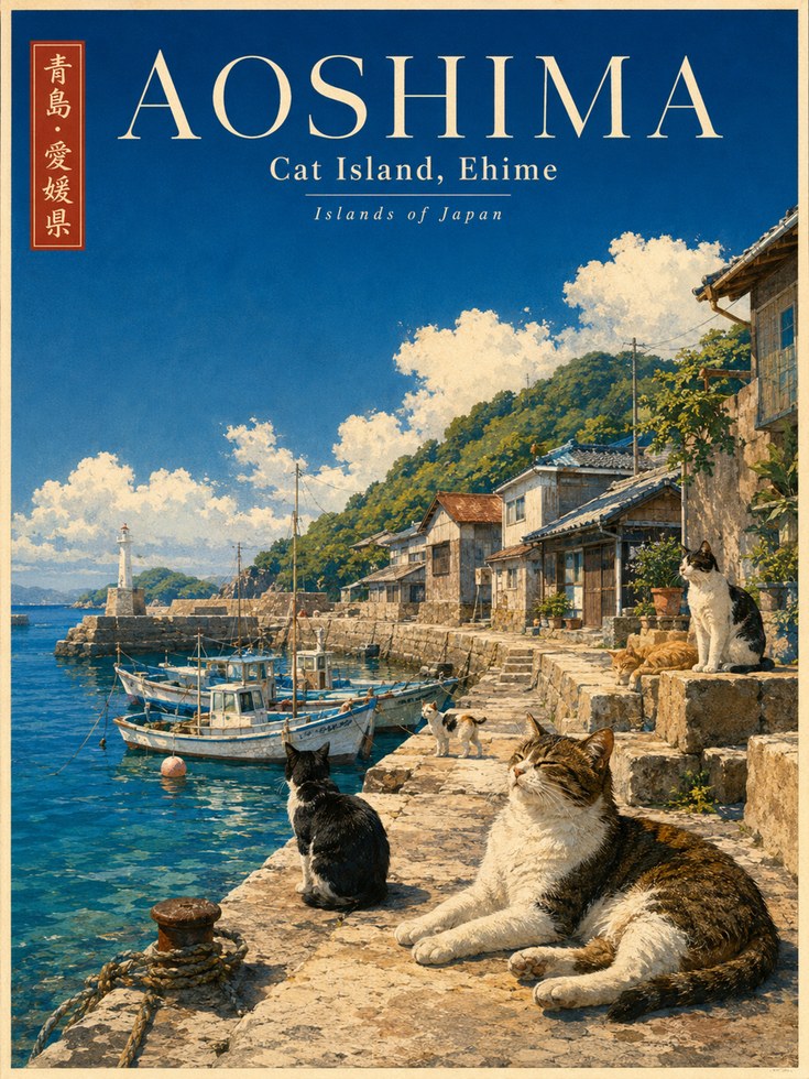 Aoshima Cat Island Print: Vintage Japanese Travel Poster Art - artwork on paper