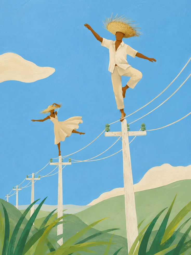Tropical Balancing Figures Art Print: Minimalist Blue Sky Scene - artwork on paper