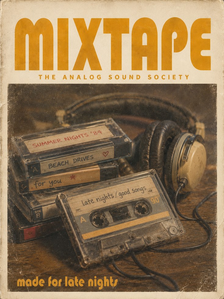 Vintage Mixtape Poster — Retro Cassette Tape & Headphones - artwork on paper