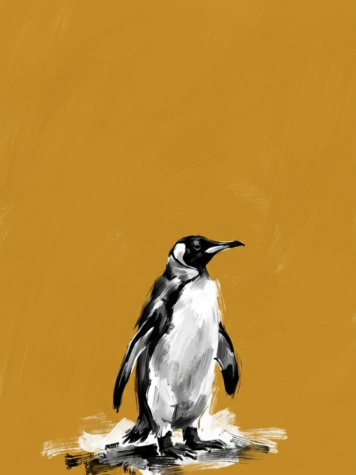 Penguin Art Print: Black and White on Mustard Yellow Background - artwork on paper
