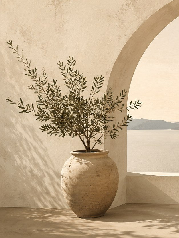 Mediterranean Olive Branch Vase: Minimalist Neutral Wall Art - artwork on paper