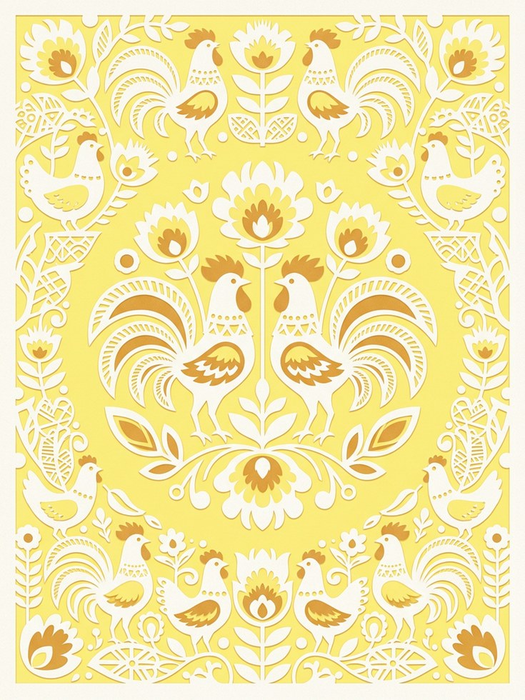 Folk Art Rooster Print: Yellow Scandinavian Pattern Design - artwork on paper