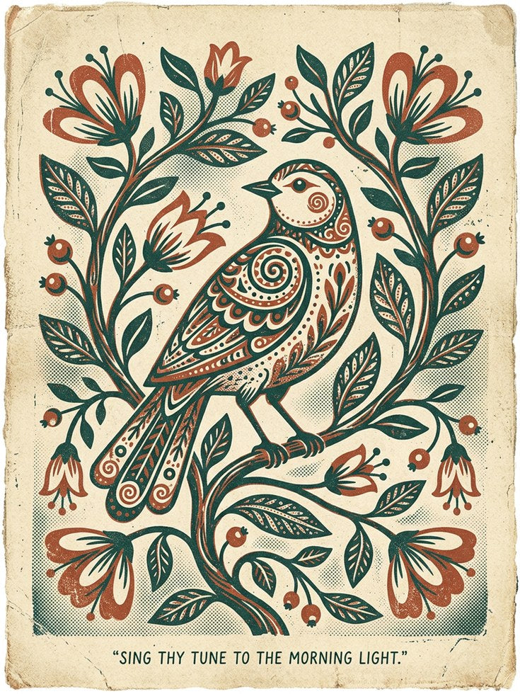 Folk Art Bird Print — Decorative Floral & Botanical - artwork on paper