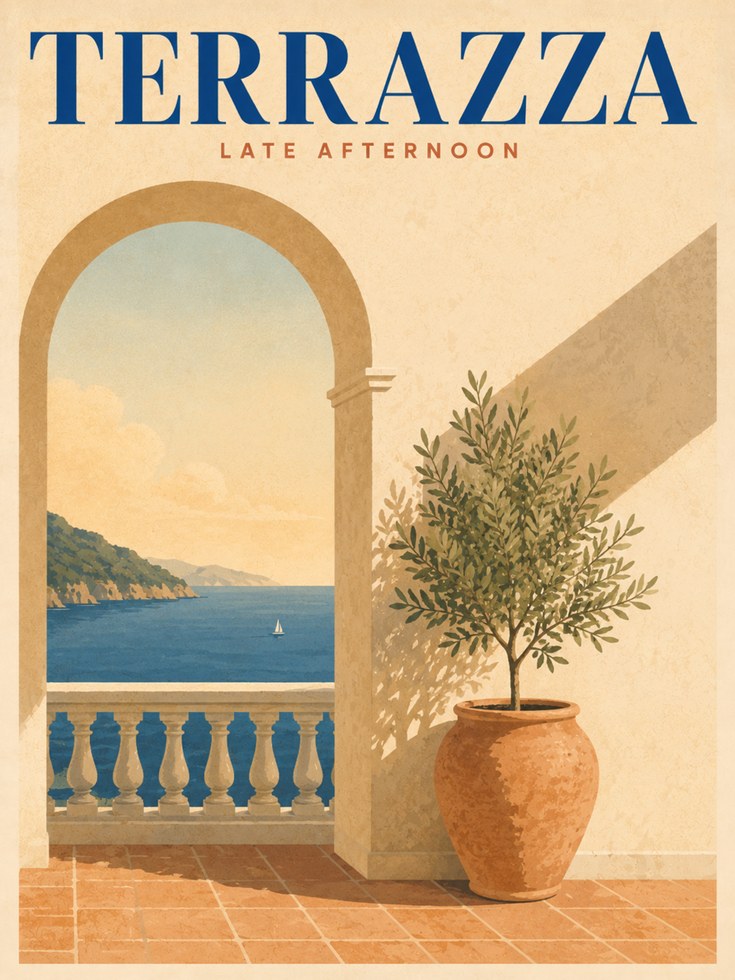 Mediterranean Travel Poster – Terrazza Wall Art - artwork on paper