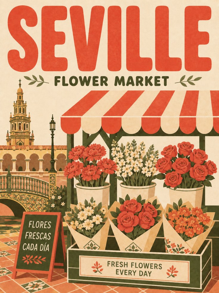 Seville Flower Market Poster: Vintage Spanish Travel Art Print - artwork on paper