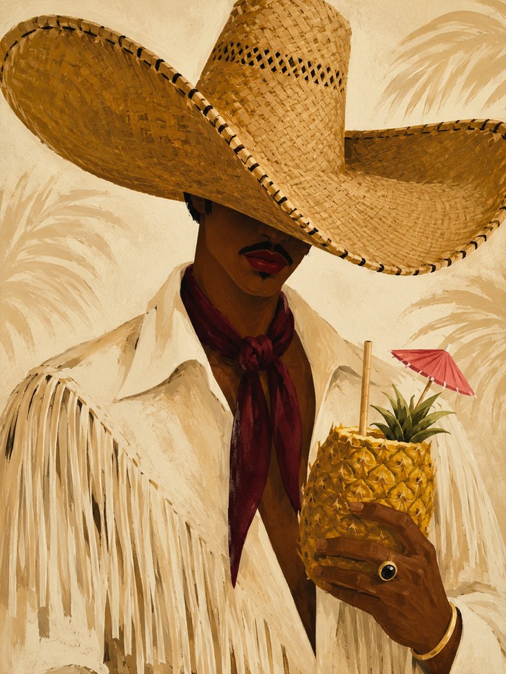 Tropical Cowgirl with Pineapple Drink: Warm Tan Fashion Art Print - artwork on paper