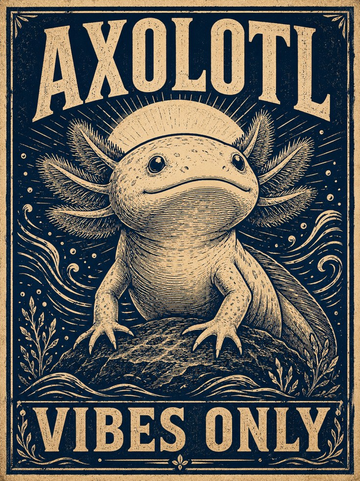 Axolotl Wall Art Print: Quirky Retro Linocut - artwork on paper