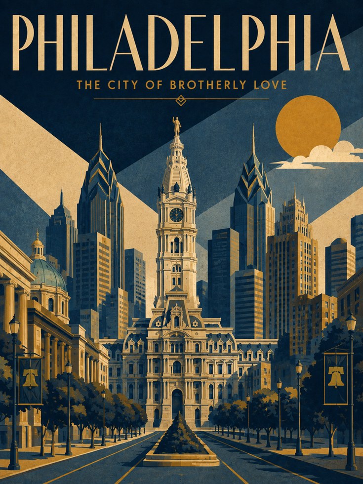 Philadelphia Skyline Art Print: Vintage Travel Poster Style - artwork on paper