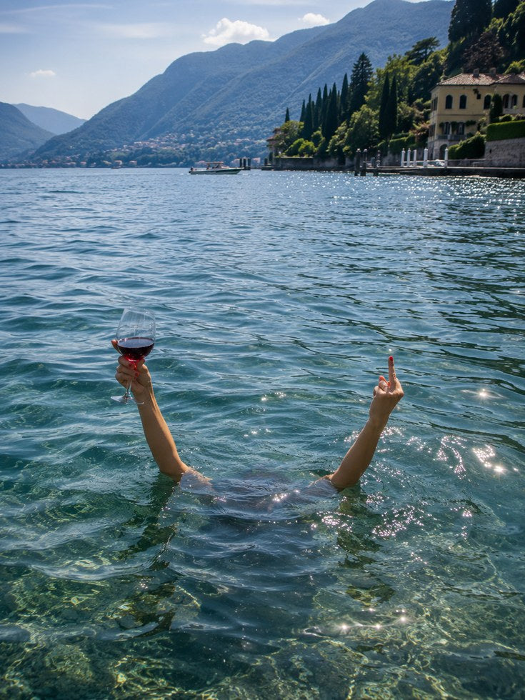 Italian Lake Swimming Art Print: Wine Glass Summer Lifestyle - artwork on paper