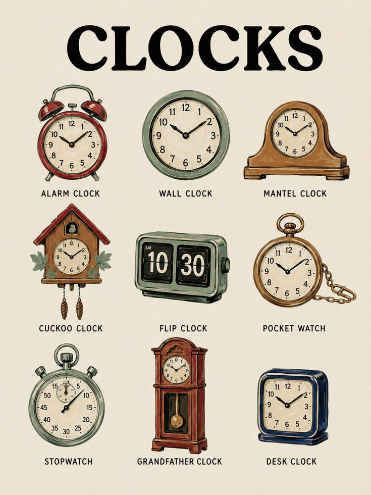 Vintage Clock Collection Chart: Retro Educational Wall Art - artwork on paper
