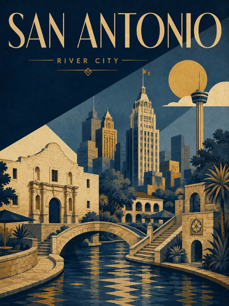 San Antonio Travel Poster: Art Deco River City Skyline Print - artwork on paper