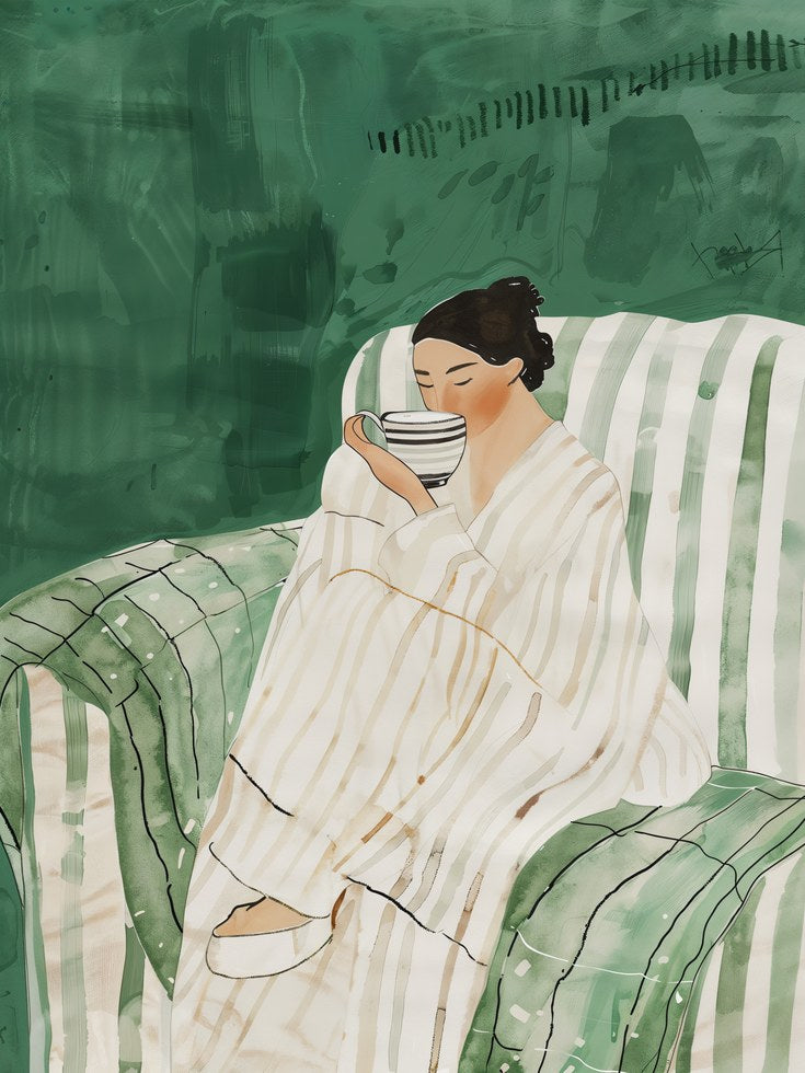 Botanical Wall Art: Calm Bedroom Decor (Woman Drinking Tea Print) - artwork on paper