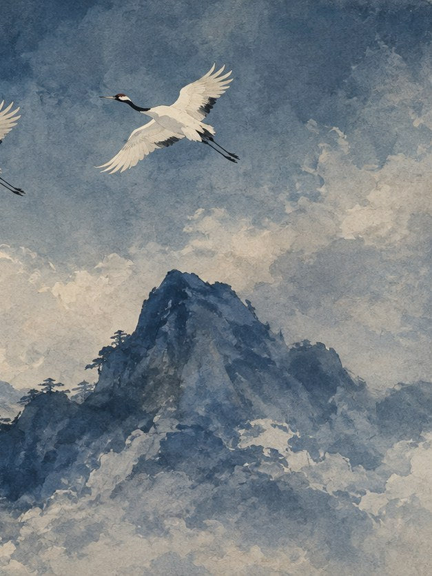Flying Crane Over Mountain Art Print: Japanese Watercolor Style - artwork on paper