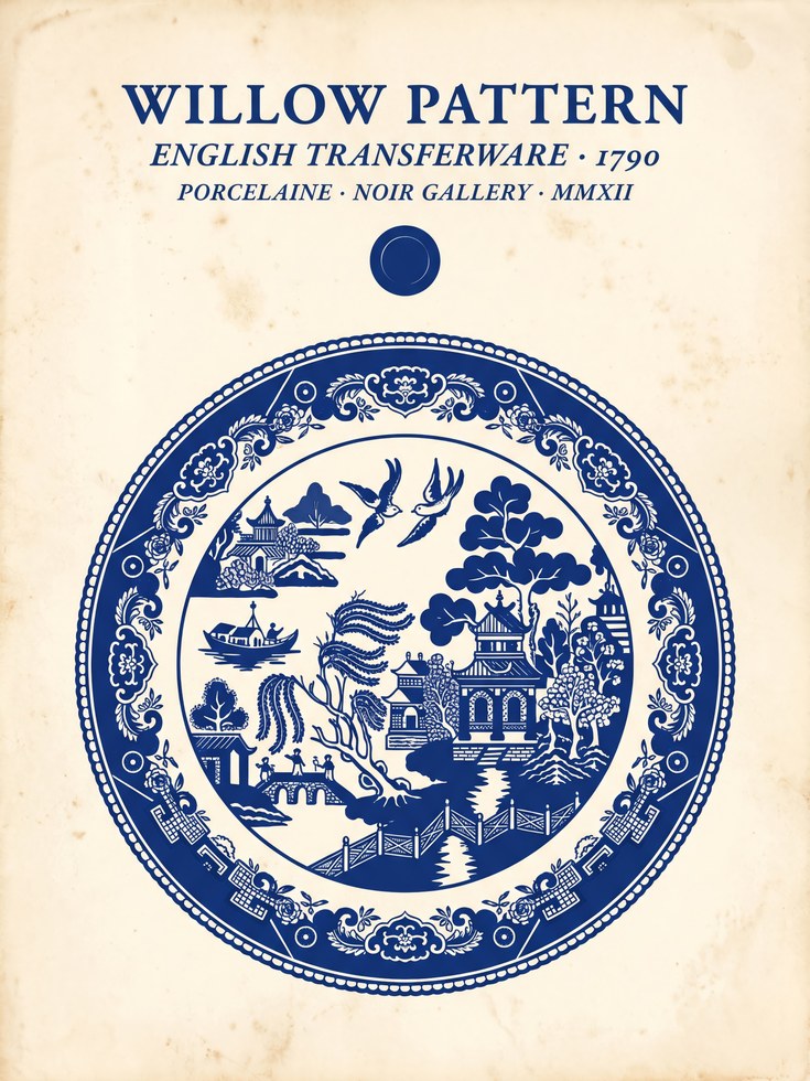Willow Pattern Plate Print: Blue White Chinoiserie Art - artwork on paper