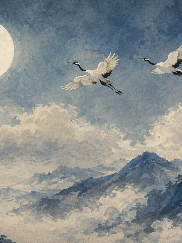 Japanese Cranes in Flight Wall Art: Watercolor Blue Sky Print - artwork on paper