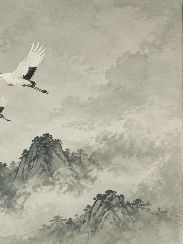 Japanese Cranes in Misty Mountains: Traditional Ink Wash Art Print - artwork on paper