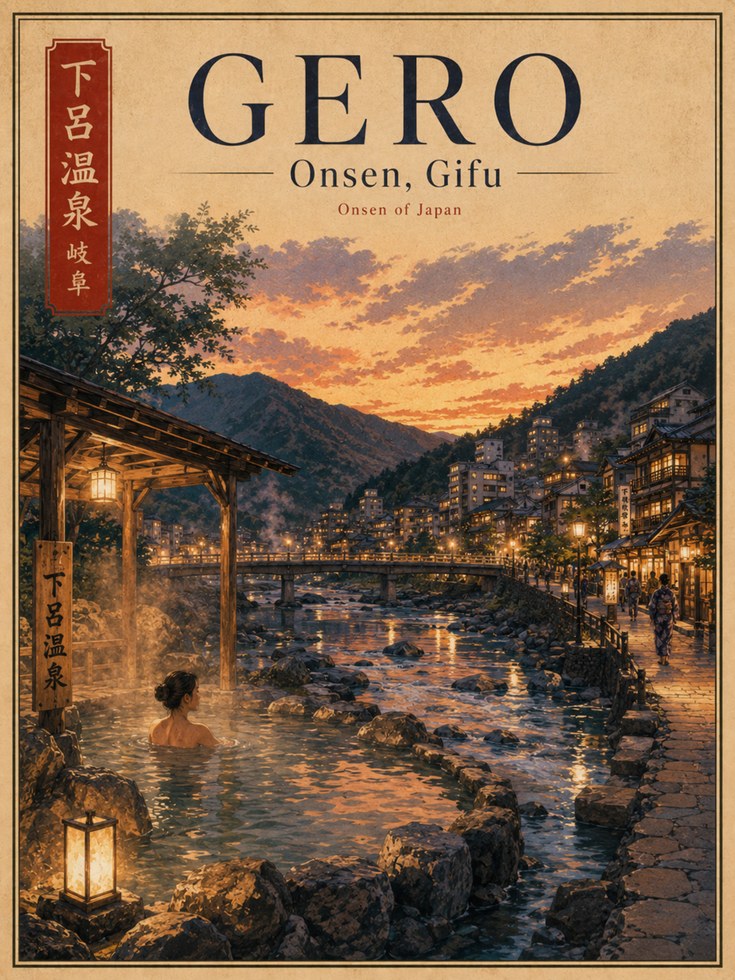 Gero Onsen Hot Spring Poster: Japanese Village Sunset Art Print - artwork on paper
