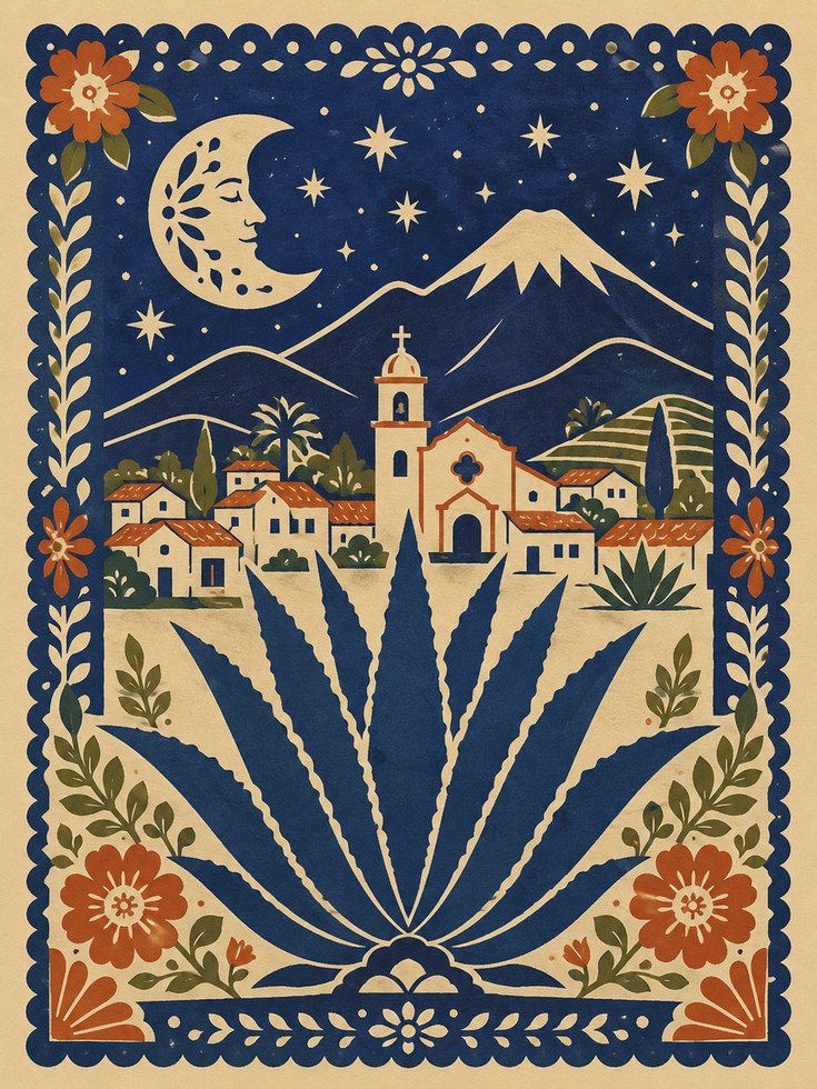 Mexican Village Wall Art – Folk Art Print - artwork on paper