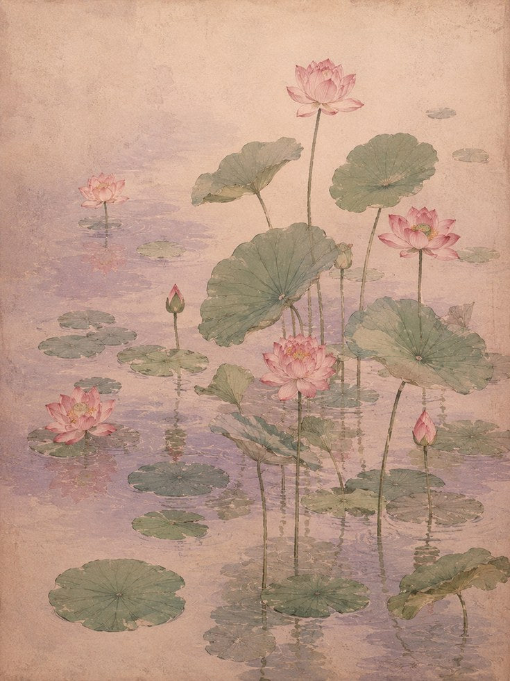Lotus Pond Art Print: Delicate Pink Flowers on Beige Oriental Watercol - artwork on paper
