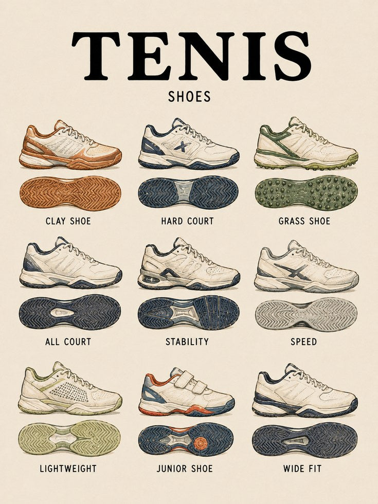 Tennis Shoes Educational Print — Illustrated Guide to Court Shoe Types - artwork on paper