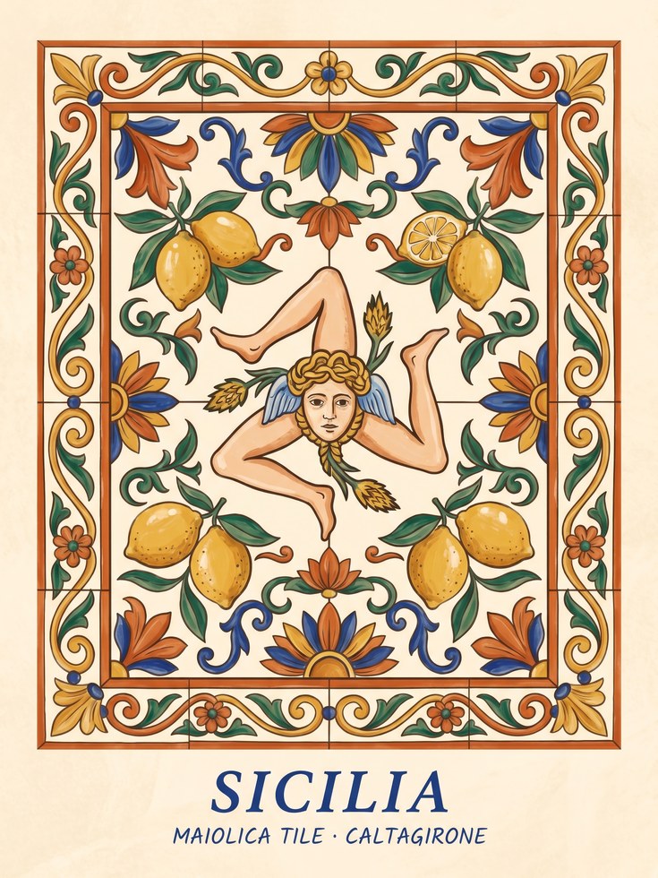 Sicilian Ceramic Tile Wall Art Print — Mediterranean Folk Design - artwork on paper