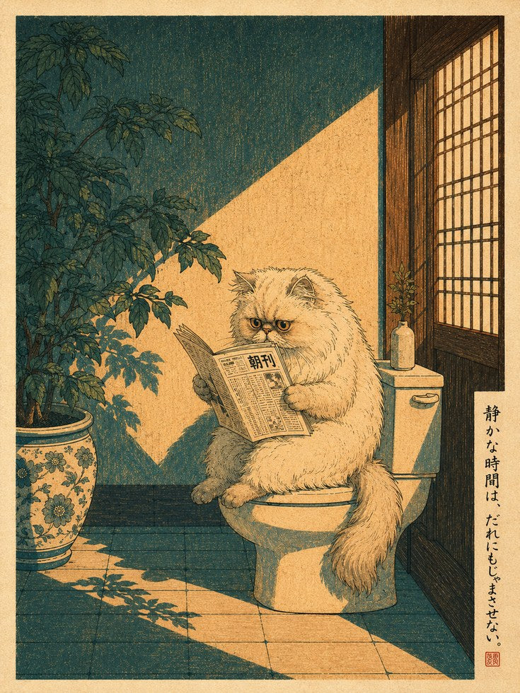 Cat Reading Newspaper Poster: Japanese Woodblock Style Art - artwork on paper