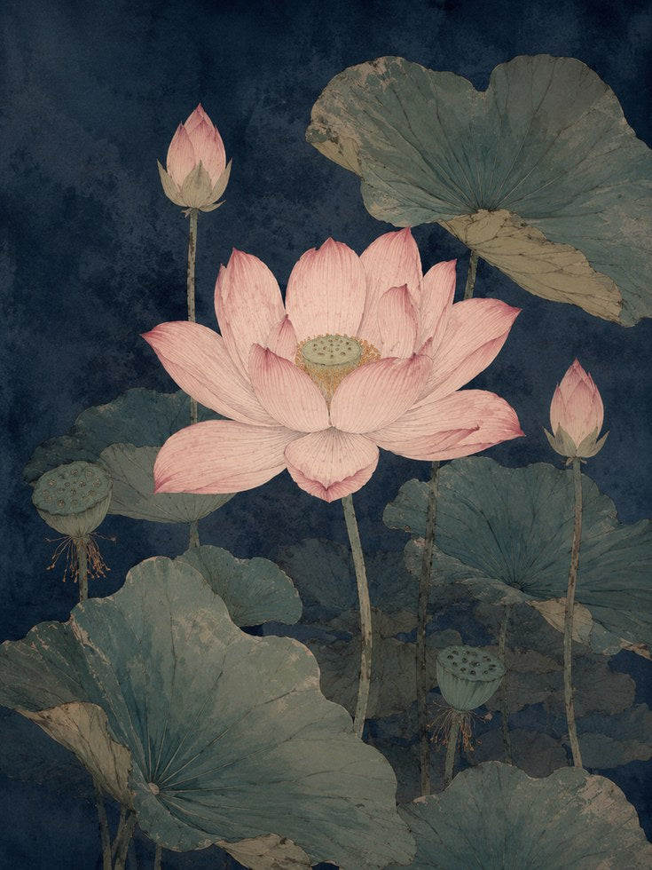 Lotus Flower Botanical Print — Vintage Asian-Inspired Water Lily - artwork on paper