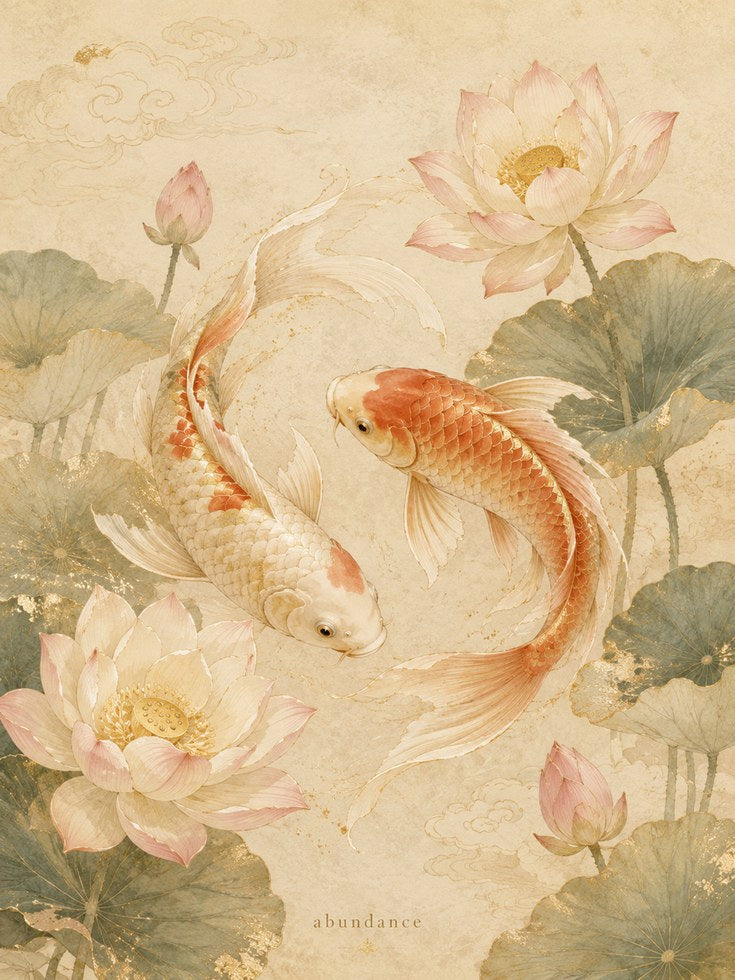 Koi Fish Lotus Flower Print - artwork on paper