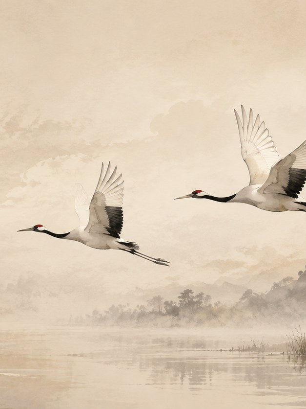 Flying Cranes Art Print: Japanese Watercolor Landscape in Sepia - artwork on paper