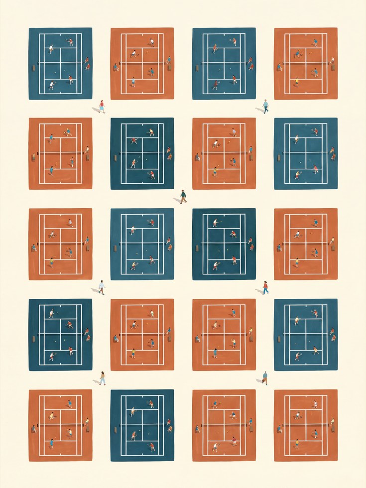 Tennis Court Illustration: Retro Mid-Century Design - artwork on paper