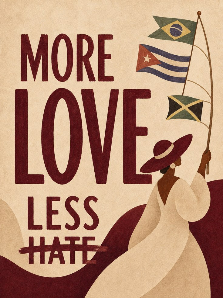 More Love Less Hate Poster: Vintage Latin American Unity Art Print - artwork on paper